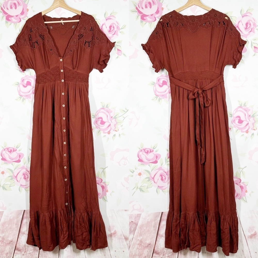 Free People Collette Floral Embroidered Rustic Brown Cinnamon Maxi Dress S